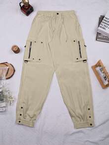 Women's Y2K Style Elastic Waist Drawstring Cargo Pants With Flap Pockets, Zipper Details, Metal Buttons, And Side Slits - Khaki - View 6