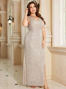 hezixi 女士高开衩长袖亮片晚礼服（厚款）优雅正式舞会婚礼宾客礼服，适合毕业典礼、晚宴等场合 - 香檳色 - 查看 3