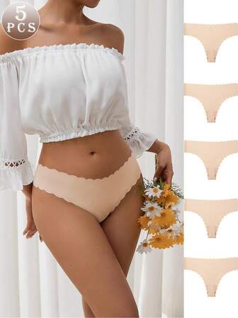 5 PCS Seamless Thongs For Women No Show Thong Sexy Panties Underwear Beige Solid Ladies Thong Low Rise Sexy Panties Underwear For Women