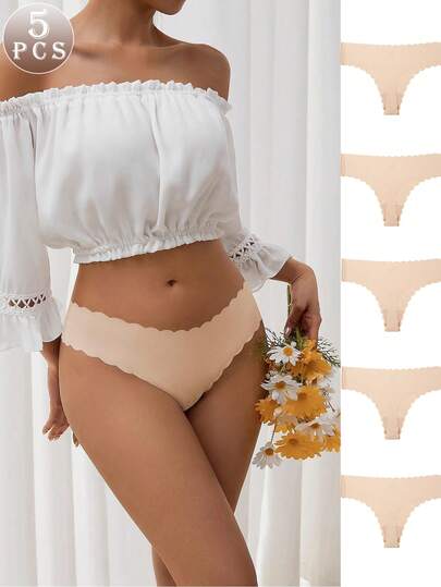 5 PCS Seamless Thongs For Women No Show Thong Sexy Panties Underwear Beige Solid Ladies Thong Low Rise Sexy Panties Underwear For Women
