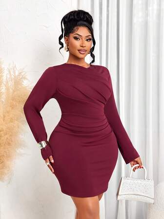 BIUBIU 大码女士优雅复古中东连衣裙 - 圆领收腰荷叶边修身连衣裙，适合办公室和毕业典礼穿着