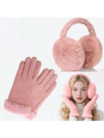 1 Set Women's Winter Touchscreen Warm Gloves / Unisex Winter Earmuffs, Made Of Comfortable Solid Color Plush Material, Thickened Beige Fur-Trimmed Gloves, Non-Elastic Cold-Proof Gloves For Outdoor Activities And Daily Use, Comfortable Design, Thermal Lined, Casual Style