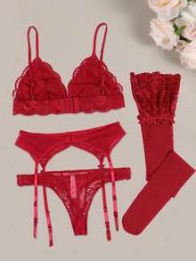 花卉蕾丝吊袜带内衣套装 - 紅色 - 查看 10