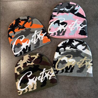 1/2/3/4pcs Camouflage & Letter Knit Beanie Hats, Unisex Warm Winter Ski Cap, Streetwear Hip Hop Style, Suitable For Daily, Outdoor, Couple, Student