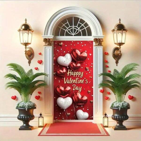 1 Peça Cortina de Porta 2D 180cm x 90cm, Cortina do Dia dos Namorados com Balões Vermelhos e Brancos e Design de Feliz Dia dos Namorados, Cortina Decorativa de Feriado do Dia dos Namorados, Adequada para Decoração de Casa e Surpresa de Feriado