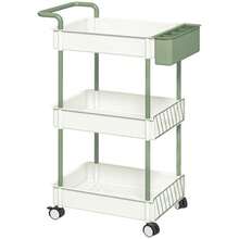 HOMCOM 3-Tier Kitchen Cart With Hanging Basket, White Steel Kitchen Trolley, Practical Storage Cart With Handle - White - View 1