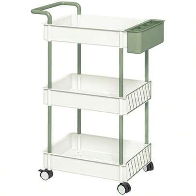 HOMCOM 3-Tier Kitchen Cart With Hanging Basket, White Steel Kitchen Trolley, Practical Storage Cart With Handle