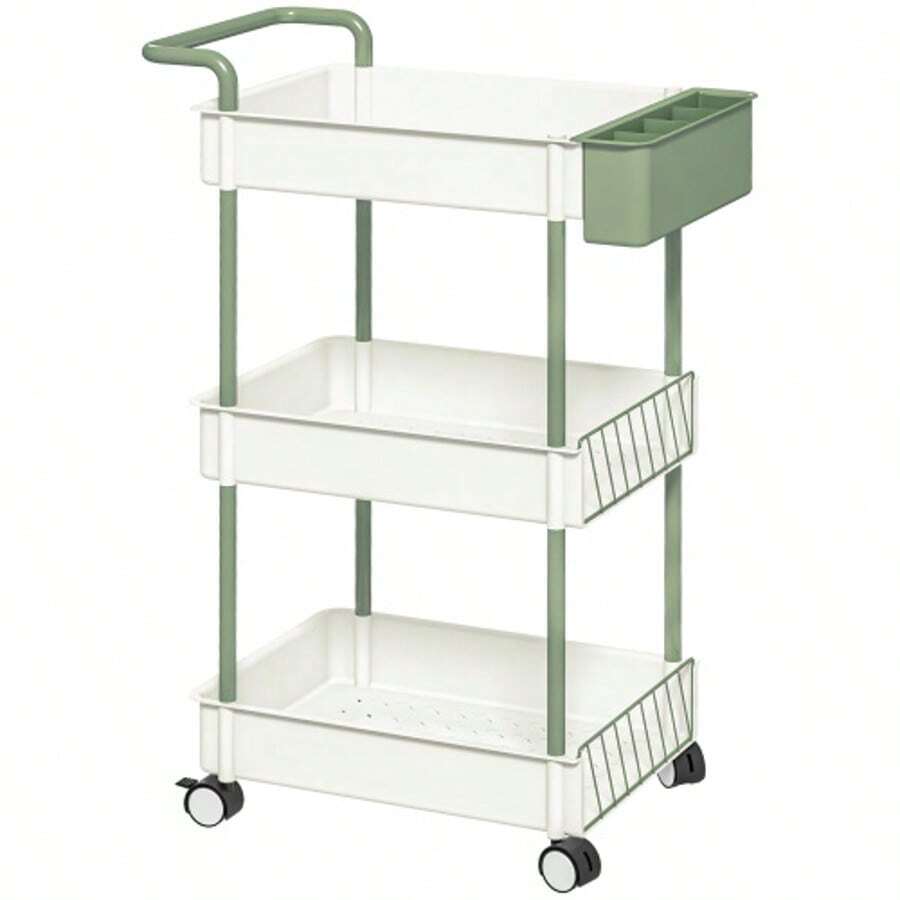 HOMCOM 3-Tier Kitchen Cart With Hanging Basket, White Steel Kitchen Trolley, Practical Storage Cart With Handle - White - View 1