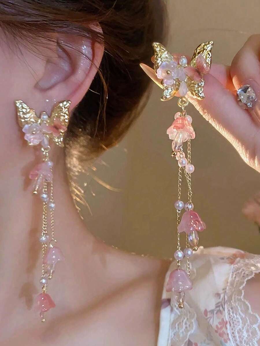 1 Cặp bông tai tua rua pha lê hình bướm và hoa tối giản, thiết kế thanh lịch và ngọt ngào, thích hợp cho tiệc tùng, đám cưới, ngày lễ, đeo hàng ngày