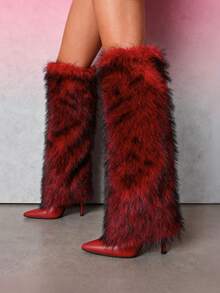 Furry Fluffy Knee High Boots For Women Faux Fur Winter Snow Boots Pointed Toe Stiletto High Heels Sexy Warm Shoes Christmas Party - 紅色 - 查看 1