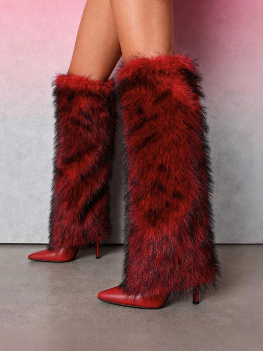 Furry Fluffy Knee High Boots For Women Faux Fur Winter Snow Boots Pointed Toe Stiletto High Heels Sexy Warm Shoes Christmas Party - 紅色 - 查看 1