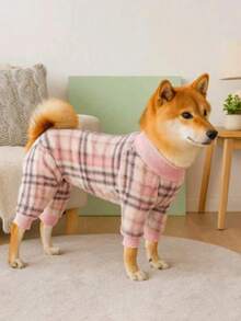 1件经典格子保暖抓绒睡衣，适合中大型犬和幼犬，弹力冬季服装，适合拉布拉多犬、罗威纳犬、比格犬和其他犬种。 - 粉色 - 查看 5