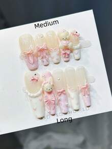 10片手工棺材形中长假指甲，可爱粉色法式美甲，手工波点、爱心、格子、蝴蝶结、仿珍珠3D蝴蝶熊装饰，时尚优雅奢华手工秋季美甲，现代美学秋季美甲，适合派对、日常、约会、海滩、度假、DIY美甲，送给女性和女孩的礼物，手工按压式美甲 - 粉色 - 查看 11