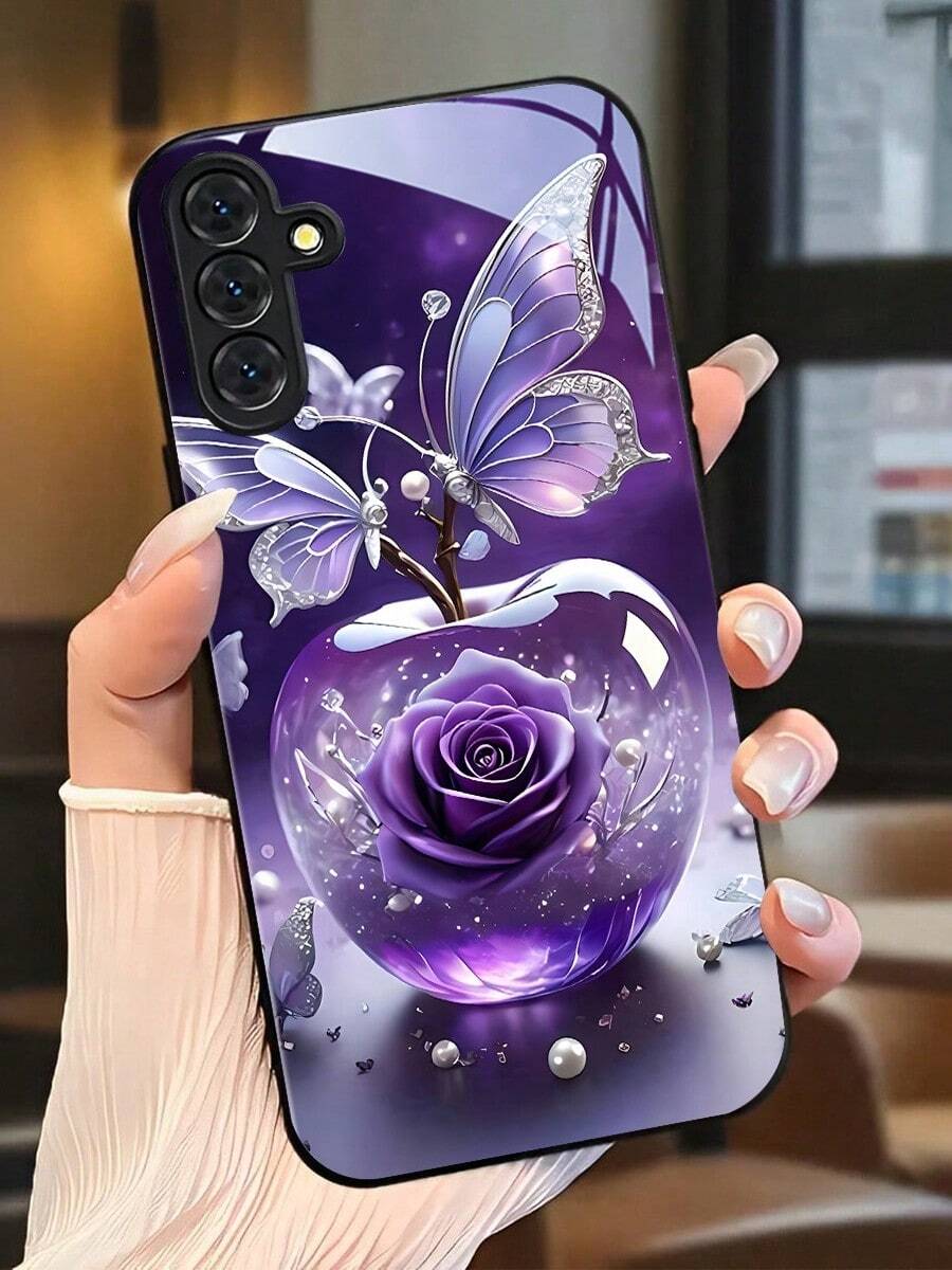 Purple Rose, Butterfly, And Apple Pattern Phone Case With A Glass-Like Finish. Suitable For IPhone 17, 16, 15, 14, 13, 12, 11, Pro Max Plus, And Galaxy S25/24/23/22/21/ULTRA/PLUS/FE/Able-Pri71/56/55/54/53/52/36/35/34/26/25/23/16/15/14/13/06. A Tailor-Made Phone Case For Fashionable Perfection. - Nhiều màu - Xem 1