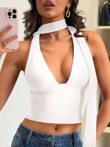 Y2K 春夏深V领性感露背吊带背心 - 白色 - 查看 2