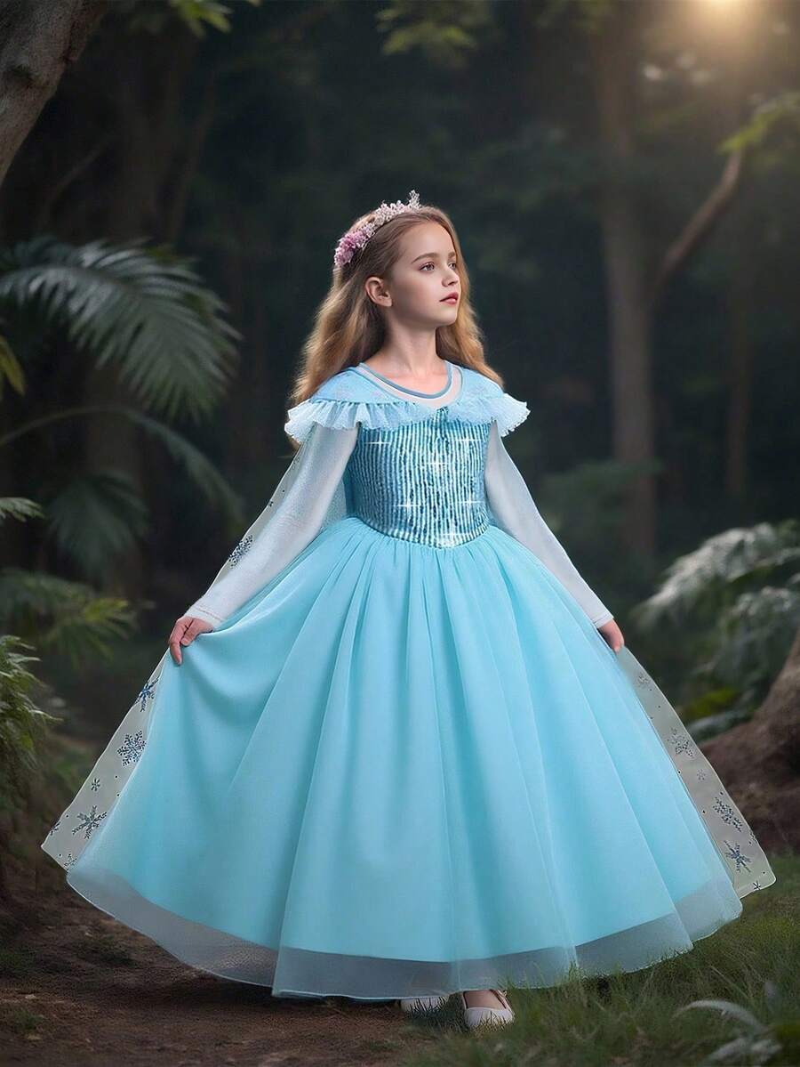 小女孩公主裙，带雪花亮片披风，长袖薄纱泡泡裙，裙摆拖地，适合生日派对、走秀等场合，不含头饰 - 藍色 - 查看 1