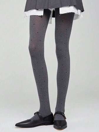 1pc Velvet Black Polka Dot Pantyhose, Retro Fashion Wear, Grey Cozy Tights