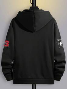 Men's Casual Zip-Up Hoodie Sweatshirt With English Letter & Number Print, Versatile Street Style, Autumn/Winter - Black - View 4