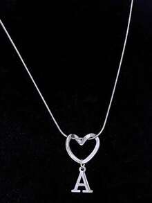 1 pieza Collar con colgante de corazón y 26 letras de estilo minimalista y elegante, joyería de mujer adecuada para uso diario, regalo perfecto para seres queridos - Plateado - Ver 7