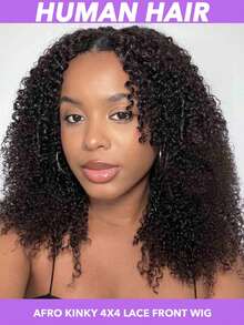 1顶男女通用非裔蓬松卷曲蕾丝前假发，带刘海，180%/250%密度，4x4透明蕾丝，预先拔毛的自然发丝，易于佩戴的小结，适合日常使用，尺寸8-24英寸 - Natural Black - 查看 4