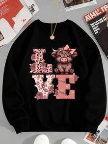 Women's Long Sleeve Sweatshirt Love Cow Print With Pink Leopard Pattern And Roses For Casual Wear - 黑色 - 查看 2