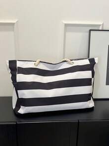 女士沙滩包，大号防水沙滩手提包，拉链沙滩包，防水防沙泳池包，大号手提包 - 黑與白 - 查看 8