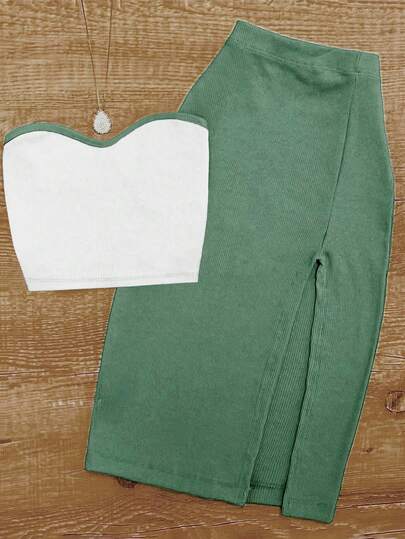 UREREM Summer Sexy Fashion Fitted Cold Shoulder Strapless Top Paired With Bodycon Skirt Set, Knit Fabric 180G