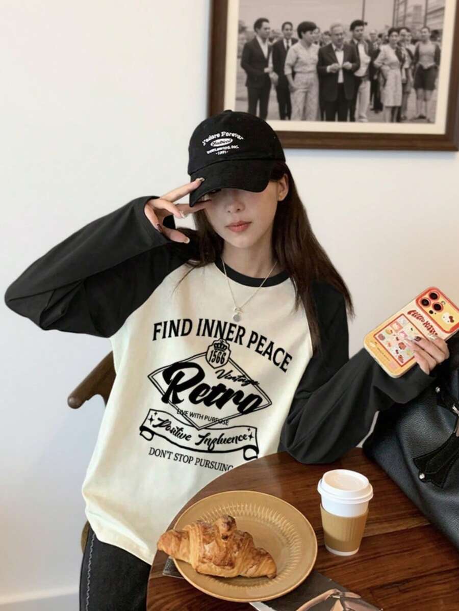 女式秋季新款小巧可爱小狗印花拼布棉质长袖T恤 - 白色 - 查看 1