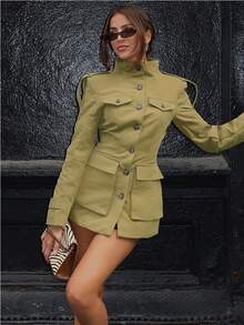 Women's Khaki Bomber Jacket, Casual Long Windbreaker For Autumn/Winter, Button-Up Long Sleeve Street Style Outerwear - Khaki - View 5