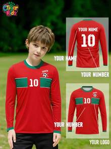 1 szt. Dziecięca koszulka piłkarska z długim rękawem: Spersonalizuj swoimi szczegółami, z żywym czerwono-zielonym wzorem, idealna dla drużyn i fanów kochających Maroko, szybkoschnąca i oddychająca, inspirowana piłką nożną, siatkówką, koszykówką, odzieżą codzienną, prezentami na Halloween, Święto Dziękczynienia, Boże Narodzenie i Nowy Rok