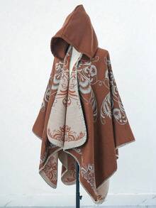 1pc Floral Jacquard Hooded Fashion High-End Women Shawl Poncho - Multicolor - View 8