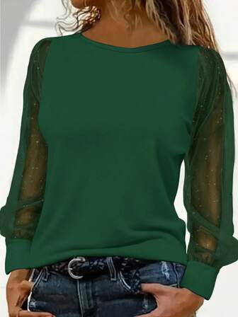 Soft Dark Green Round Neck Sequin Mesh Patchwork Long Sleeve Top. Sexy Sheer Lantern Sleeve Design. Skin-Friendly Slimming Versatile T-Shirt. Elegant Lady's Undershirt For Dating And Commuting In Spring And Autumn. Niche Design Glitter Mesh Patchwork Sleeve Wedding Party Blouse For Women.