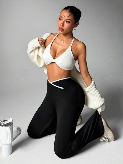 Women's Contrast Color Criss-Cross Waistband Sports Pants, Suitable For Outdoor, Casual, Yoga, Workout Black