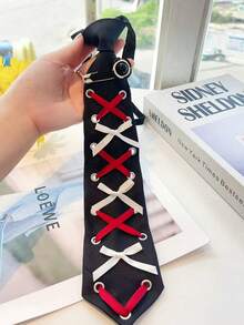 1pc Shiny Polyester Tie For Women, Vintage French Elegant Pearl Lace Tie, Unique Design With Crystal Decor, Suitable For Party, Suit & Bow Tie Matching - Black Background With Red and White Laces - View 3