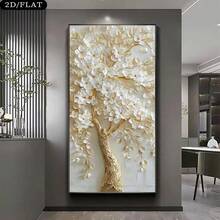 1pc Modern Minimalist Canvas Painting - Golden Tree With White Floral Branches, Frameless Contemporary Wall Art Poster For Living Room, Bedroom, Office - Elegant Home Decor Gift - Multicolor - View 3