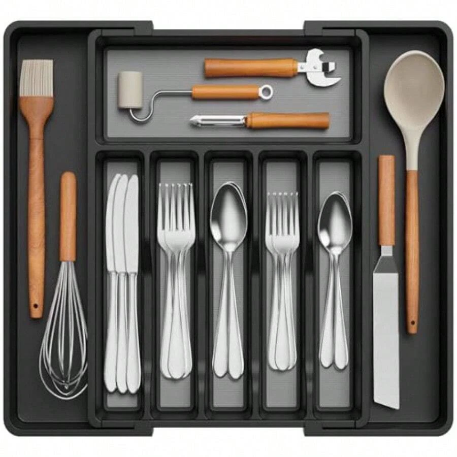HAWTSilverware Drawer Organizer Expandable Utensil Tray With Non-Slip TPR Deep Flatware Cutlery Holder Adjustable Plastic Kitchen Storage For Spoons Forks Knives Large Black And Gray - BlackGray - View 1