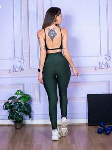 LLEVO Women's Fitness Leggings And Open-Strap Tank Top Set - xanh quân đội - Xem 5