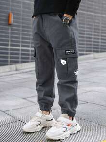 1 件青少年男孩休闲户外口袋卡通印花工装裤，春夏秋 - 灰色 - 查看 2