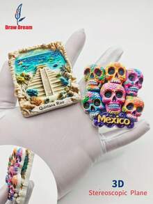 1 款墨西哥主题 3D 冰箱贴 - 金塔纳罗奥州海岸风光和彩色骷髅装饰，亡灵节主题，多场景家居装饰冰箱贴，艺术收藏冰箱贴 - 彩色 - 查看 2