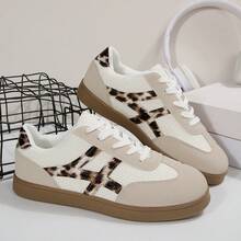 Women's Casual Sneakers - Low-Top Lace-Up Athletic Shoes, Beige & Gray With Leopard Geometric Pattern Decor, Comfortable & Versatile, Minimalist Style (Size 35-43, Run Small By 0.5 Size)