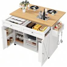 Modern Kitchen Island, Kitchen Cabinet, Sideboard, Serving Cart With Wood Finish, Multifunctional Dining Table With Storage, Serving Cart With Snack Shelves, White - White - View 8