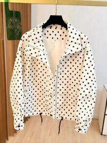 女士秋冬外套，复古浪漫波点设计，有衬里，时尚漏斗领，百搭休闲通勤风格，波点衬衫 - 黑與白 - 查看 12