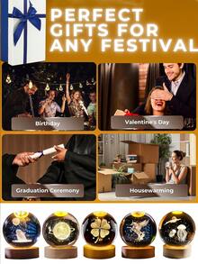 1pc 精美水晶球小夜灯 3D水晶球小夜灯暖光开关LED空间装饰 带LED底座的水晶球球体装饰灯 星系团'土星月亮'太阳系银河系 兔子看月亮 水母 星空漫步 四叶草或独角兽水晶球桌面照明 家居 卧室装饰灯 卧室摆件 创意情人节 礼物 送给男孩女孩的礼物