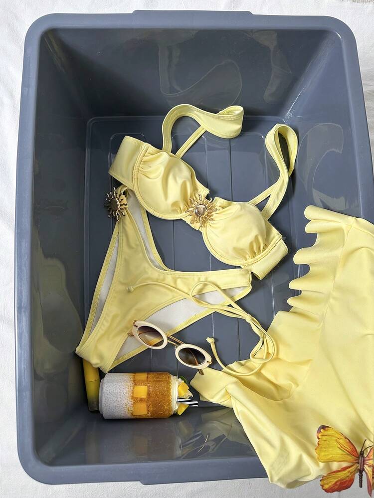 Conjunto de traje de baño tipo tankini de 3 piezas de unicolor, con diseño de tirantes anchos y con aros para un soporte cómodo, estilo de playa de moda, perfecto para la playa y fiestas en la piscina durante el verano - Amarillo claro - Añade 6