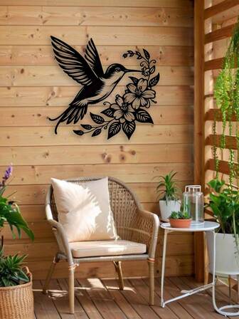 1 pieza Arte de pared de metal con colibri y flores, letrero de metal, mural, adecuado para decoración del hogar, decoración de jardín, decoración de habitación, decoración de pared, decoración exterior, estilo rústico, granja, jardín, porche, sala de estar, dormitorio, comedor, decoración de pared, Halloween/Acción de Gracias/Navidad, opción de regalo ideal, decoración de pájaros