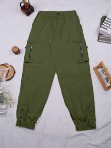 Pantaloni cargo jogger con vita con coulisse, tasche laterali con patta, zip laterali e polsini, stile vintage da strada, casual per uso quotidiano in primavera - Verde militare - Visualizzare 7