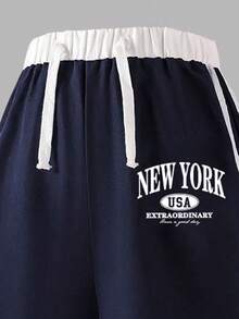 少女数字印花不对称肩部短袖上衣和裤子套装 - 寶藍色 - 查看 5