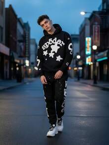 Spider Web Fashion Hip-Hop Printed Flower Hoodie, European And American  Brand Large-Sized Loose Men's And Women's Hooded Sweatshirt Set - màu đen - Xem 4