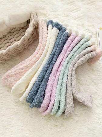 6 Pairs Women's Coral Fleece Contrast Color Comfortable Warm Sleep & Home Mid-Calf Socks, Autumn/Winter