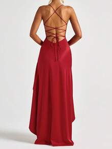 XINMEI Summer Red Dress, Party Backless Criss-Cross Asymmetrical Ruffle Collar Tie-Back Backless Dress, Suitable For Dates, Parties, Festivals, Beaches, Vacations, Weddings And Other Occasions - Red - View 1